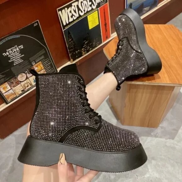 NEW BLACK SPARKLY LACE UP COMBAT BOOTS - Picture 5 of 6